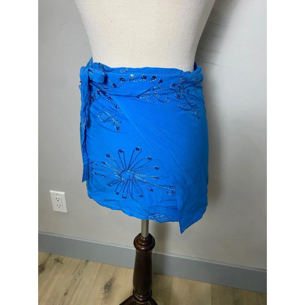 Blue Embroidered Sequin Swim Wrap Skirt Floral Beach Cover Up Tie Waist Mini